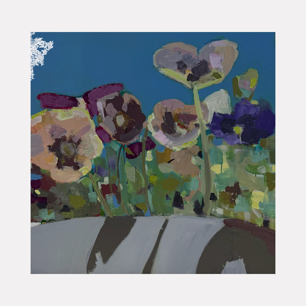 A Different Perspective by Leslie Thornton is a Curina art piece featuring an abstract floral arrangement with muted pinks, purples, and greens against a deep blue background, blending loose brushstrokes and soft shapes for a contemplative, textured composition.