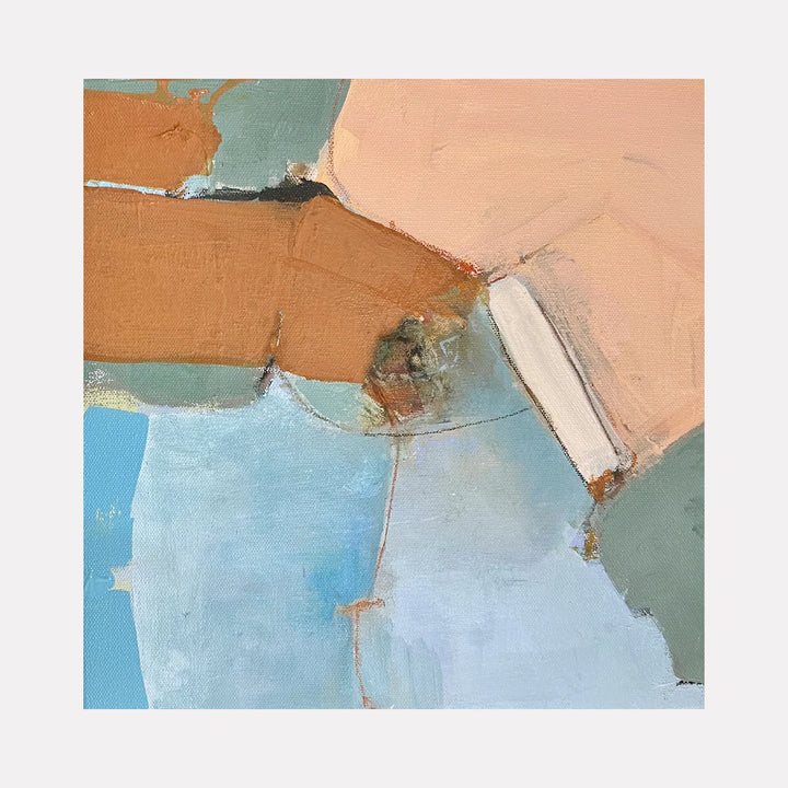 Floating Geometry by Leslie Thornton is a Curina art piece featuring soft, muted shapes in dusty blue, peach, rust, and sage green, blending rough textures and smooth brushstrokes to create a calm, abstract composition with subtle geometric suggestions.