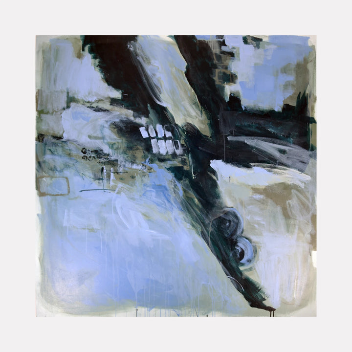 Liminal Space by Veronica Lawlor is a Curina art piece featuring an abstract composition with layered blues, blacks, and white hues, evoking a contemplative atmosphere through dynamic brushstrokes and textured forms that suggest movement and depth.