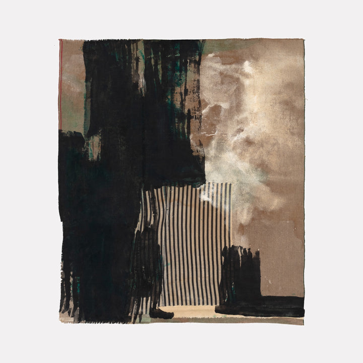 Memorial by Molly Herman is a contemplative abstract art piece featuring layered dark and earthy tones with bold black brushstrokes and subtle striped patterns, creating a textured, moody composition that evokes depth and introspection in the Curina collection.