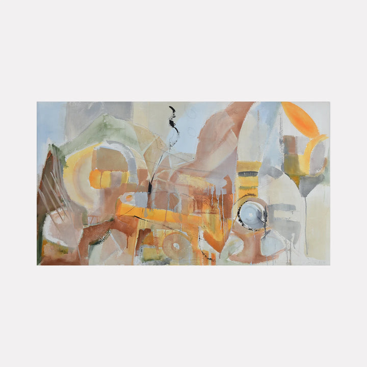 Machine Age by Veronica Lawlor is a Curina art piece featuring an abstract composition with muted earth tones, soft blues, and warm oranges. Layered shapes and dynamic brushstrokes evoke a sense of industrial complexity and subtle movement in this refined painting.