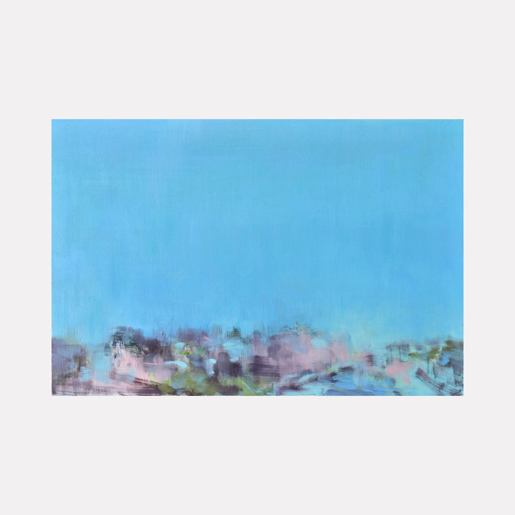 Mist 1 by Melanie Kozol is a Curina art piece featuring a soft, abstract landscape with muted pastel hues blending greens, purples, and blues beneath a vast, serene sky, evoking a calm, ethereal atmosphere through delicate brushwork and subtle color transitions.