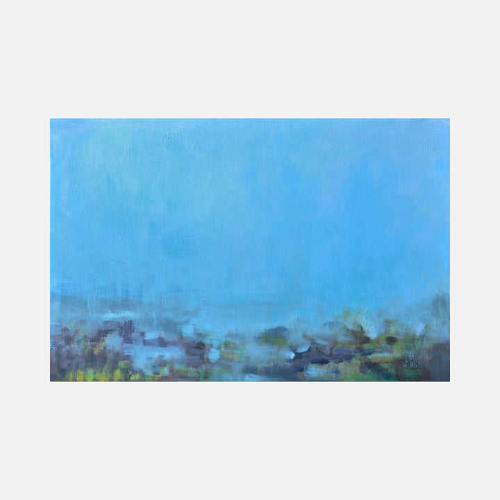Mist 2 by Melanie Kozol is a Curina art piece featuring a serene abstract landscape with soft blue hues dominating the sky and muted earth tones blending into a misty horizon, capturing a tranquil, atmospheric mood.