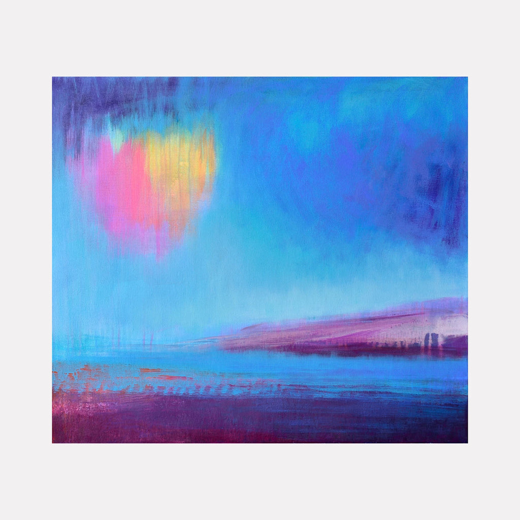 Newton's Light by Melanie Kozol is a Curina art piece featuring an abstract seascape with vibrant blues and purples contrasted by a glowing pink and yellow orb, evoking a serene yet dynamic atmosphere full of light and depth.