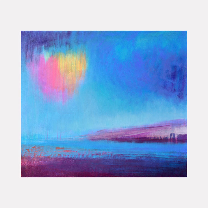 Newton's Light by Melanie Kozol is a Curina art piece featuring an abstract seascape with vibrant blues and purples contrasted by a glowing pink and yellow orb, evoking a serene yet dynamic atmosphere full of light and depth.