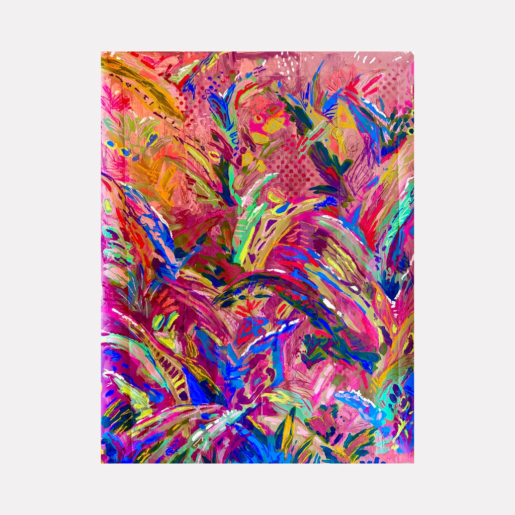 Nocturnal Frequency by Tiff Urquhart is a Curina art piece featuring vivid brushstrokes in bright pinks, greens, blues, and oranges, creating an energetic abstract jungle-like scene with layered textures that evoke a vibrant, nocturnal atmosphere.