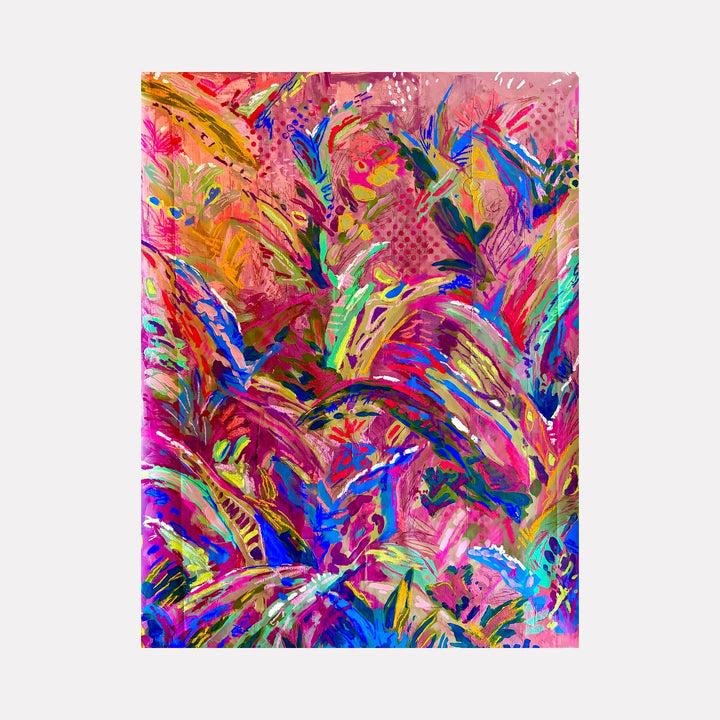 Nocturnal Frequency by Tiff Urquhart is a Curina art piece featuring vivid brushstrokes in bright pinks, greens, blues, and oranges, creating an energetic abstract jungle-like scene with layered textures that evoke a vibrant, nocturnal atmosphere.