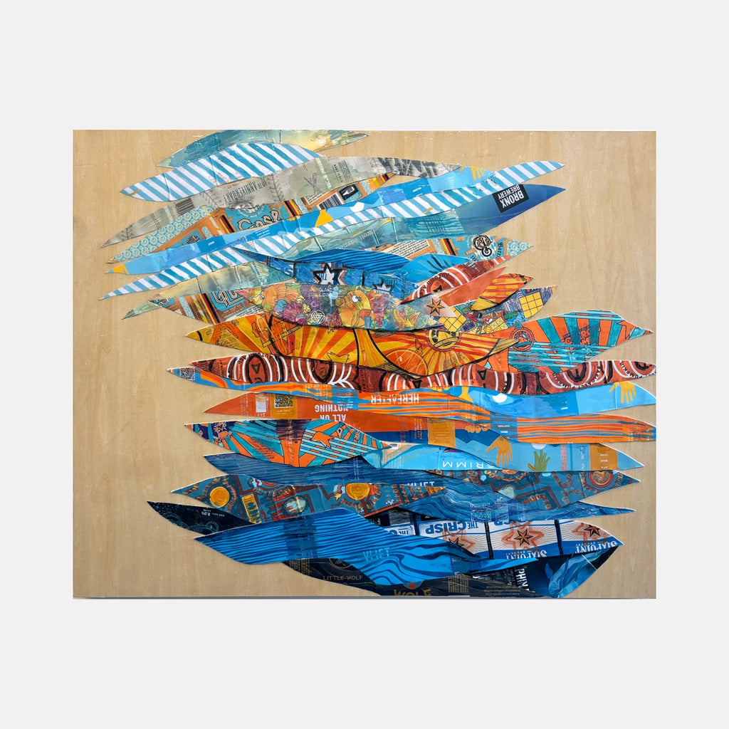 Oceanic Pulse by Christina Massey is a Curina art piece presenting layered, elongated shapes with vibrant blues, oranges, and earthy tones, featuring textured patterns and fragmented imagery that evoke a dynamic and rhythmic underwater scene.