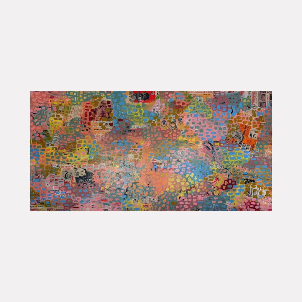 Orange Grove Expansion Study by Tiff Urquhart is a Curina art piece featuring a layered abstract composition with a mosaic of colorful blocks in warm oranges, blues, greens, and pinks, blending textured patterns and subtle imagery for a vibrant, contemplative effect.