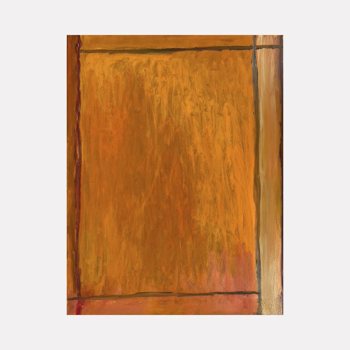 Orange Room by Francie Lyshak is a Curina art piece featuring a layered abstract composition dominated by warm orange hues, framed by subtle vertical and horizontal lines, creating a textured interplay of rich tones and geometric balance with a contemplative modern aesthetic.
