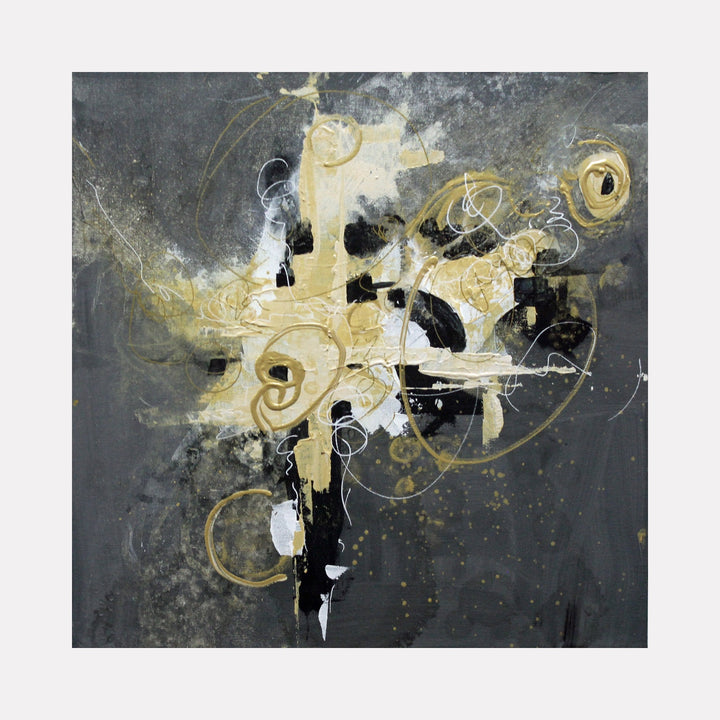 Pirouette by Carla Forrest presents an abstract composition with swirling gold and white lines, layered over black and gray textures, creating a dynamic interplay of shapes and movement in a contemporary art style.