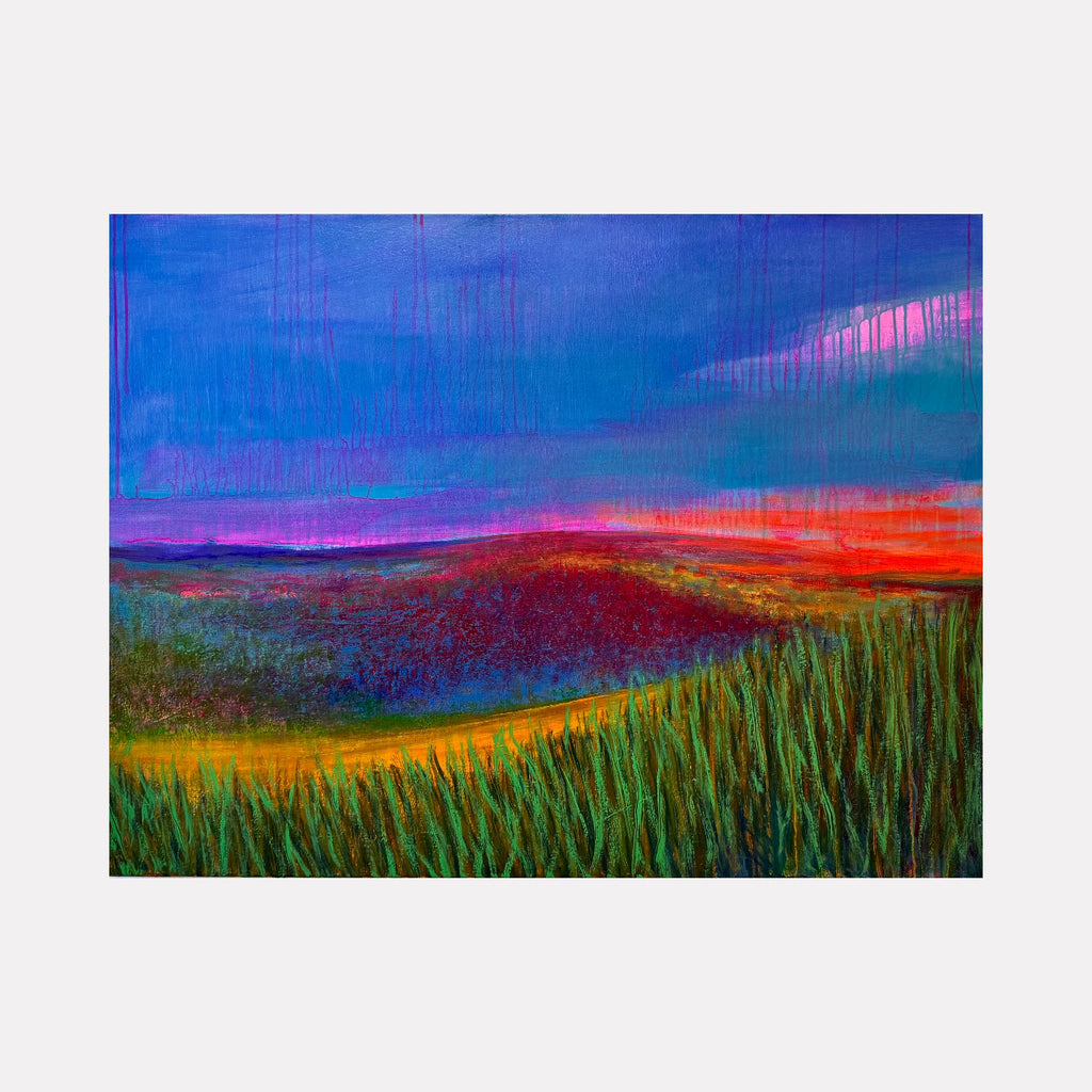 Race Point by Melanie Kozol is a Curina art piece illustrating rolling hills with rich greens and deep purples beneath a vast sky glowing with pink and blue hues, evoking a serene and immersive natural landscape at twilight.