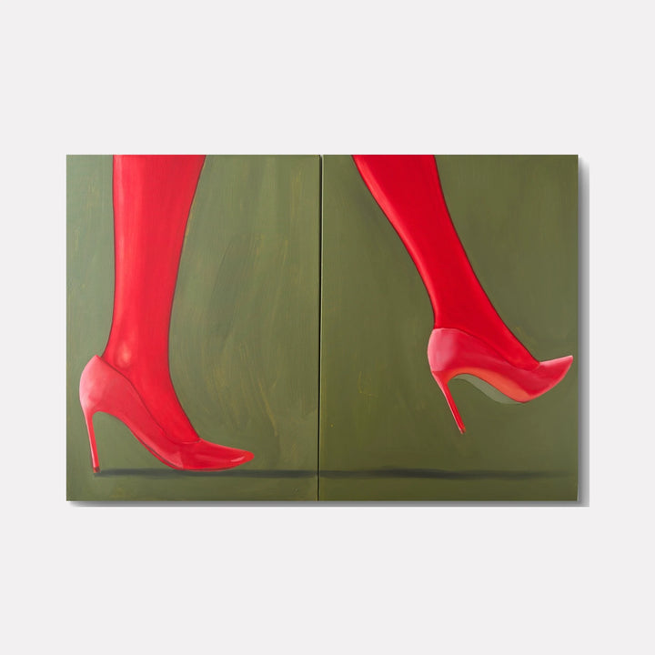 Red step by Anastasia Korsakova portrays a stylish close-up of legs in vibrant red tights and matching high heels against a muted green backdrop, emphasizing bold color contrast and movement in this striking contemporary art piece.