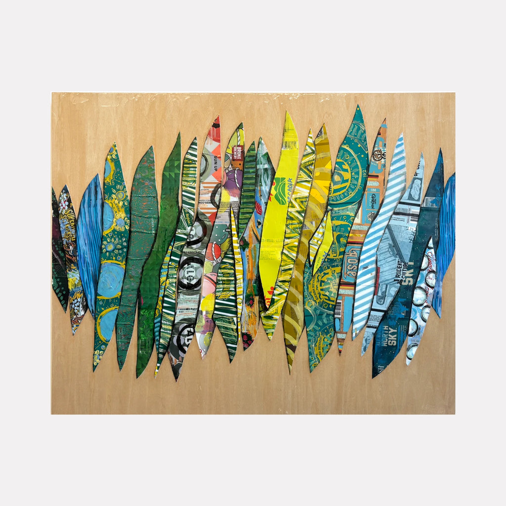 Resting Rhythms by Christina Massey is a Curina art piece featuring elongated, wave-like shapes in vibrant colors and intricate patterns, arranged horizontally against a natural wood background, blending abstract design with textured layers and dynamic movement.