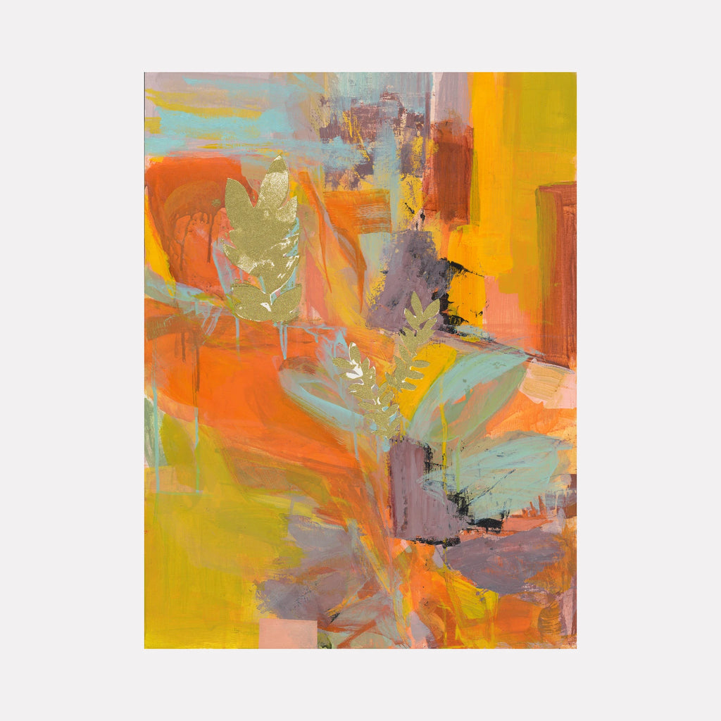 Rewilding by Veronica Lawlor is a Curina art piece featuring layered brushstrokes in warm oranges, yellows, and soft greens, with abstract botanical shapes and textured forms that evoke a vibrant, organic, and dynamic natural scene.