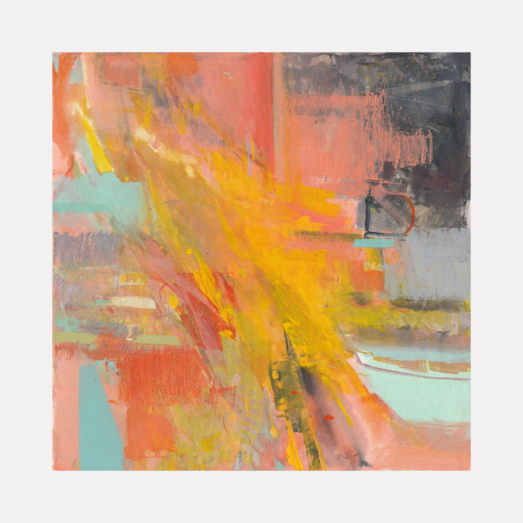 Salvage by Veronica Lawlor is a Curina art piece featuring an abstract acrylic composition with vibrant yellows, soft coral, muted teal, and dark charcoal accents, layered with textured brushstrokes that convey dynamic energy and a sense of spontaneous transformation.