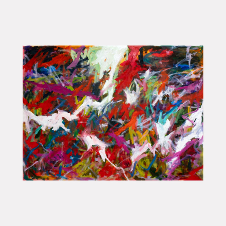 Ipaoc0248 by Saehyun Paik presents an expressive abstract painting featuring dynamic brushstrokes in vivid reds, purples, and blues, layered with white accents that create energetic movement, showcasing a bold contemporary art piece with vibrant, textured complexity.