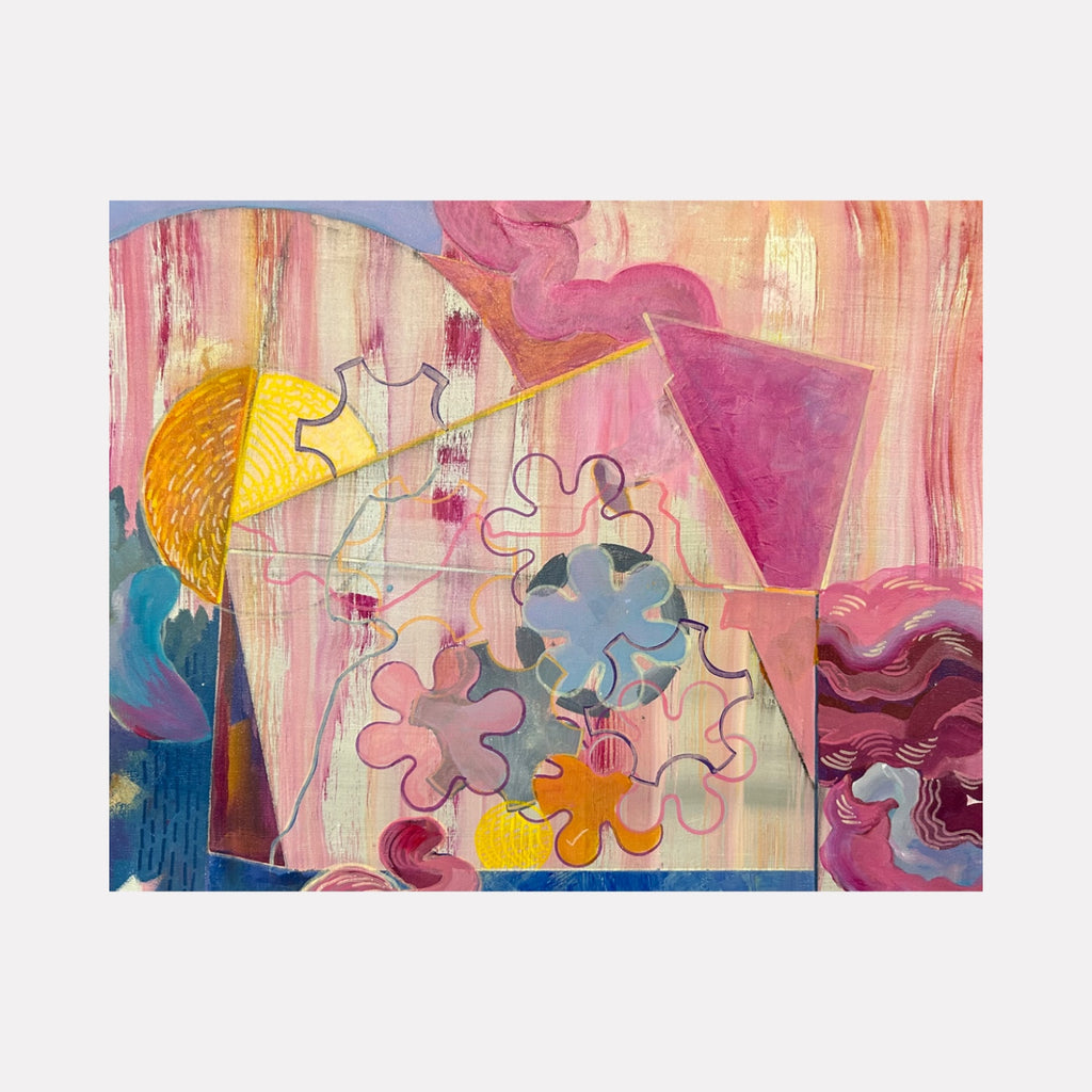 Out of the Box: Spin by Jane Dell showcases a vibrant abstract composition with interlocking organic shapes, warm pinks, purples, and yellows, layered with geometric lines to create a dynamic, playful art piece full of movement and depth.
