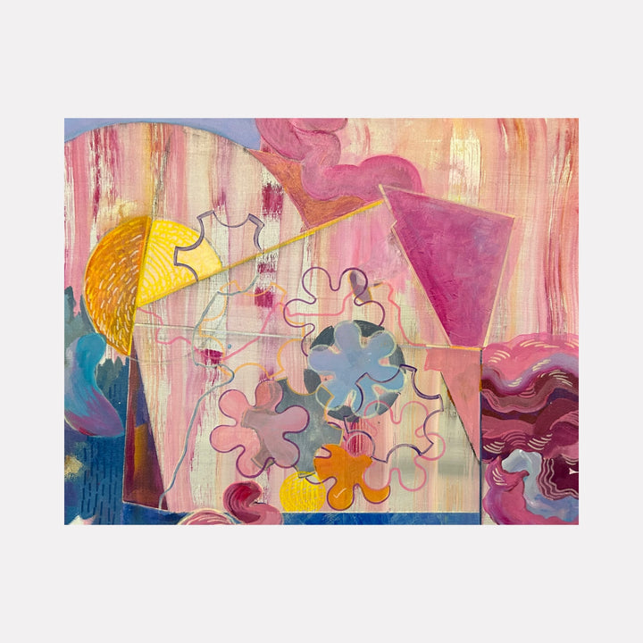 Out of the Box: Spin by Jane Dell showcases a vibrant abstract composition with interlocking organic shapes, warm pinks, purples, and yellows, layered with geometric lines to create a dynamic, playful art piece full of movement and depth.