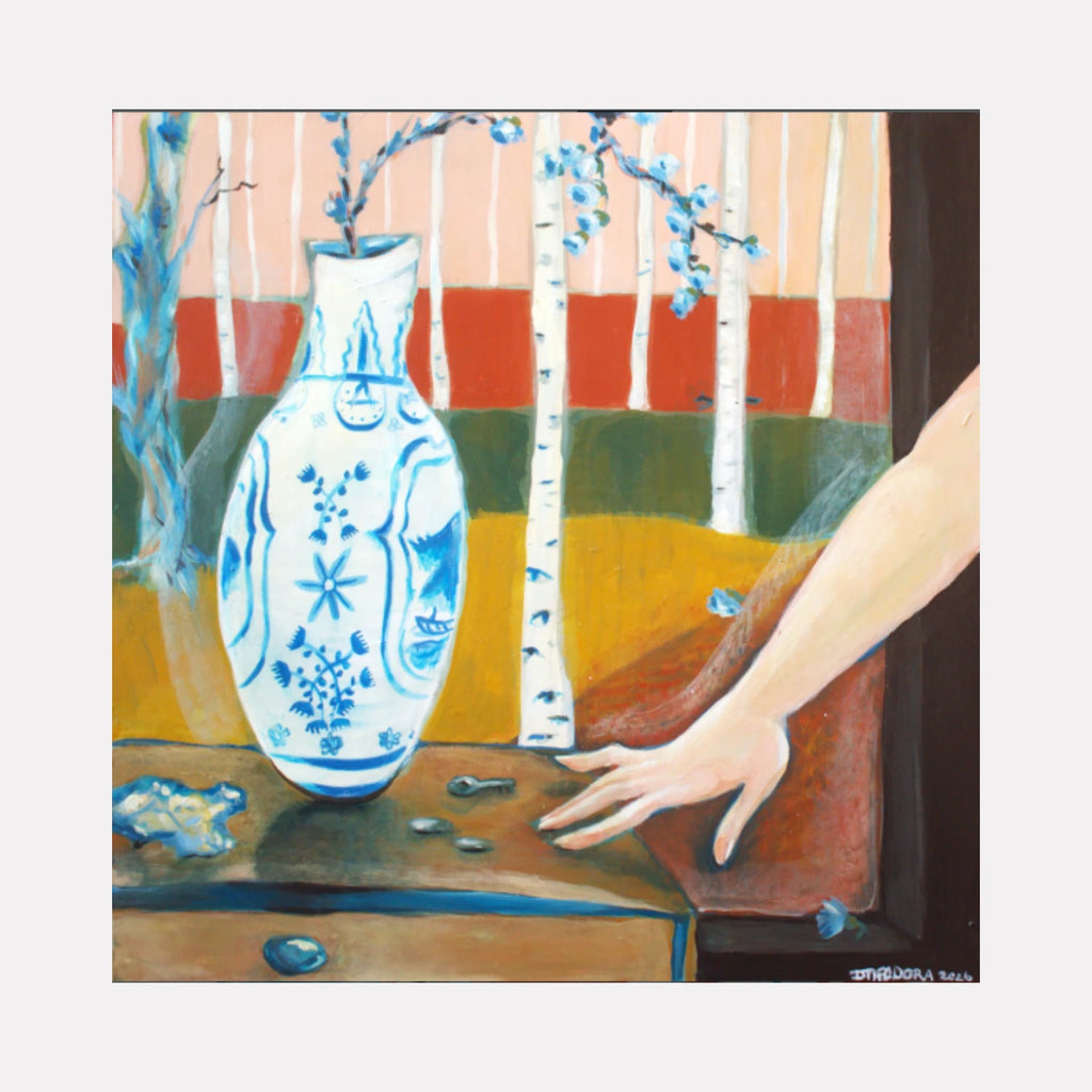 The Presentation of Spring by Dara Theodora is a Curina art piece depicting a serene scene with a blue and white vase, a pale hand reaching out, and a background of slender white birch trees against warm, earthy tones evoking a gentle transition into spring.