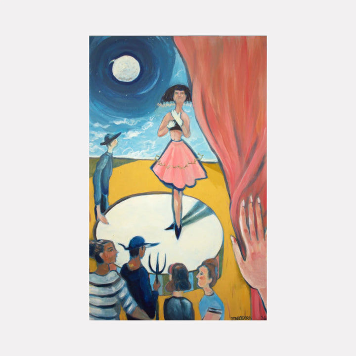 Impermanence by Dara Theodora is a Curina art piece portraying a surreal scene of a woman in a pink skirt dancing under a luminous moon, observed by figures gathered around a spotlight, with a flowing red curtain and vibrant night sky blending mystery and motion.