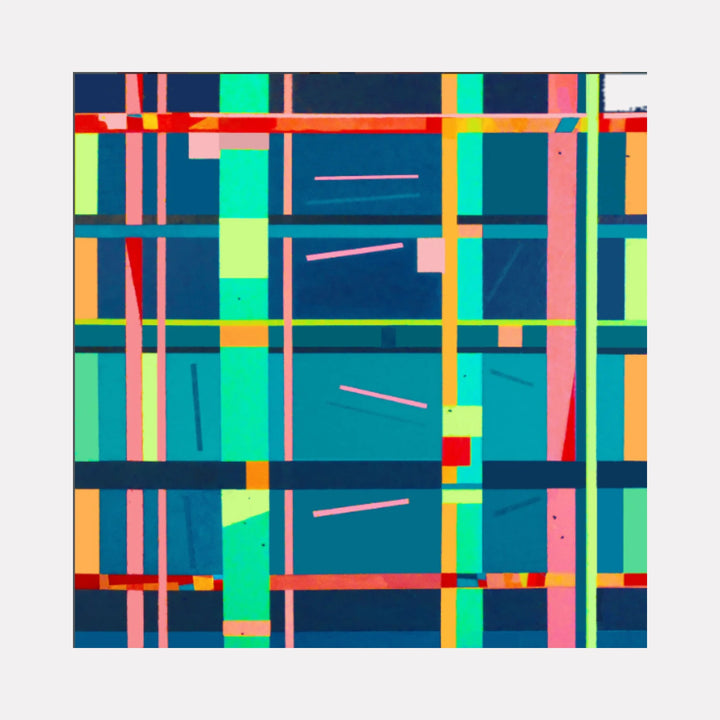 Night Moves by Vanessa Ryan features a vibrant abstract Curina art design with intersecting vertical and horizontal lines in bold shades of teal, pink, red, and yellow, creating a dynamic geometric pattern full of energy and depth.