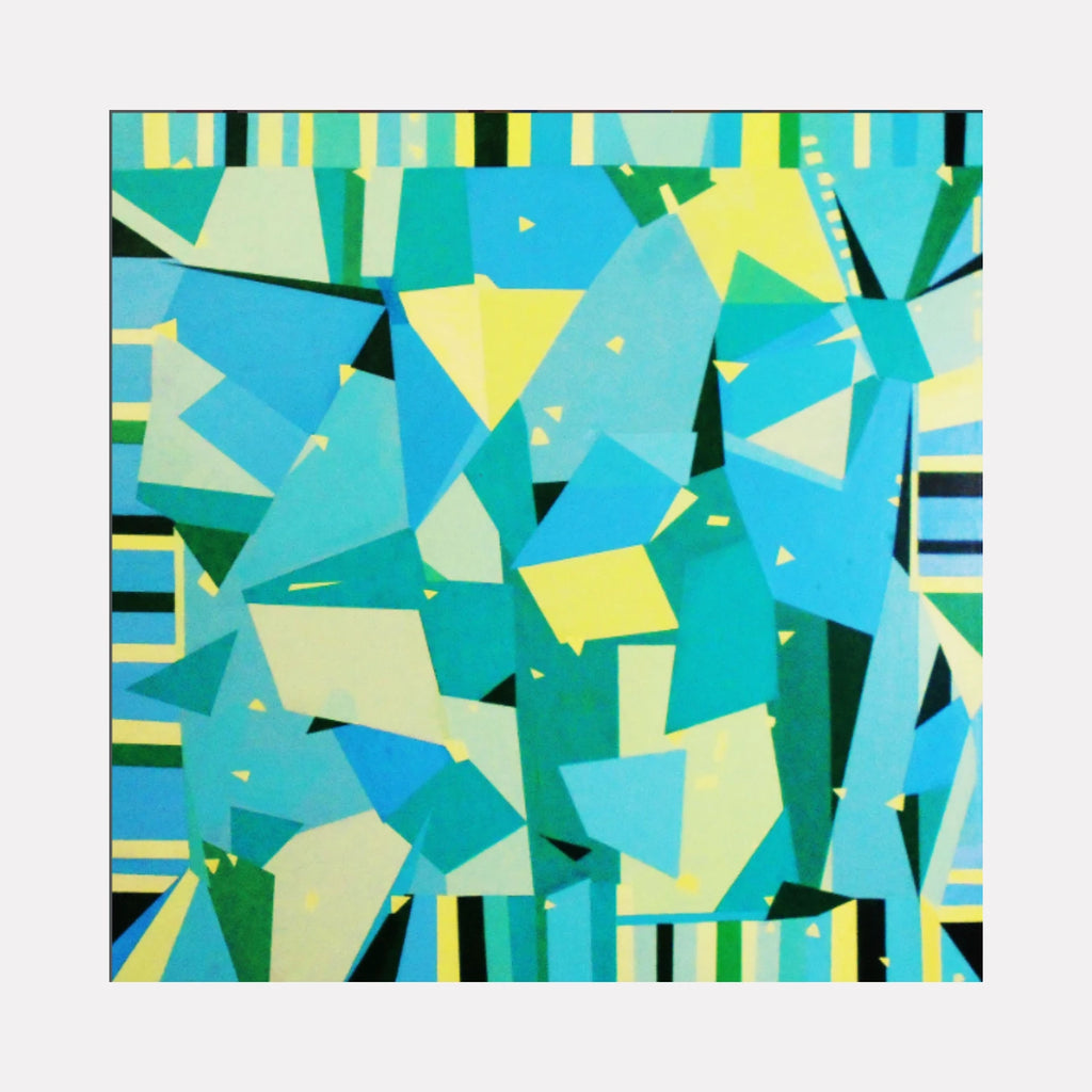 Reflections by Vanessa Ryan is a vibrant Curina art piece with an abstract geometric design in shades of turquoise, lime green, and teal, featuring overlapping angular shapes and striped borders that create a lively, multifaceted visual rhythm.