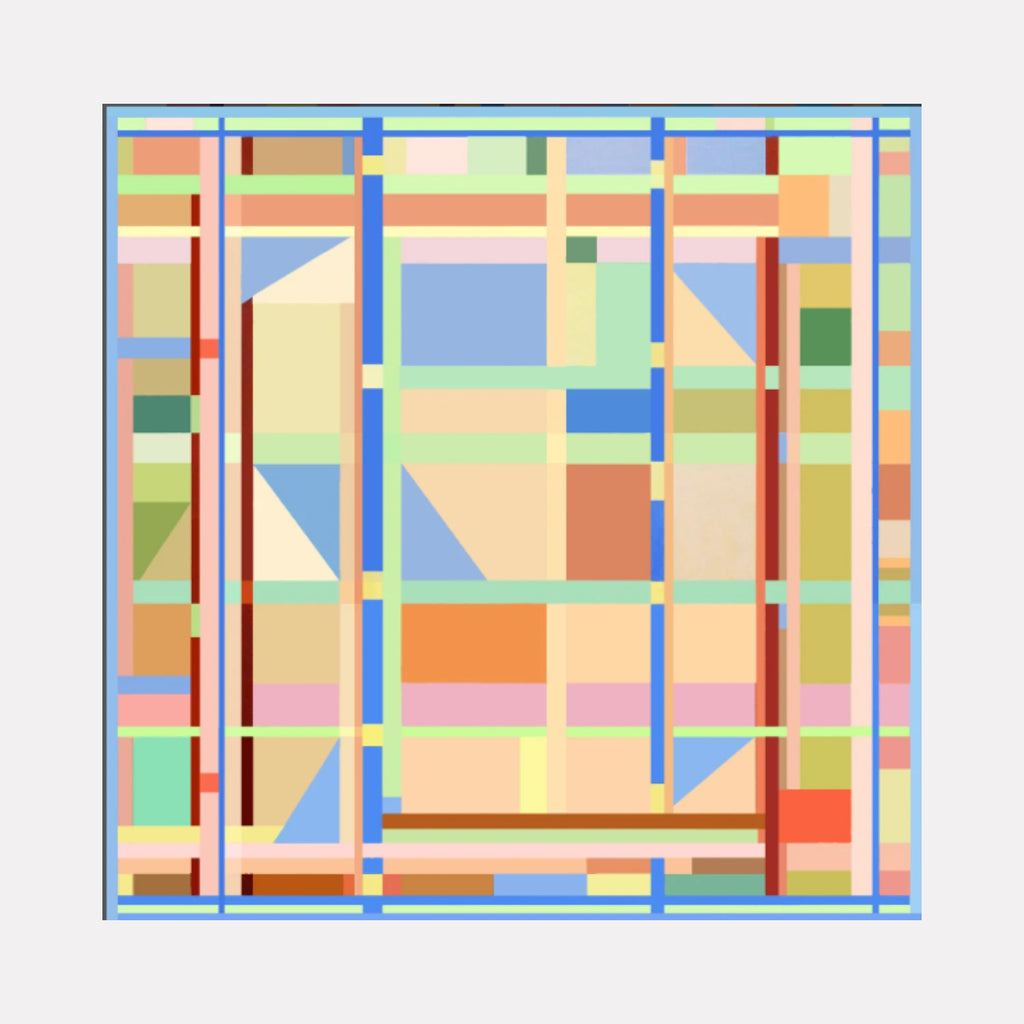 Morning Light by Vanessa Ryan is a Curina art piece featuring a geometric abstract composition with intersecting lines and shapes in soft pastel tones of blue, peach, green, and beige, evoking a serene and harmonious balance through structured color blocks.