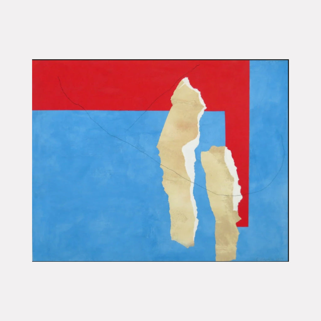 Buff and Red on Blue VIII by Diane Englander is a Curina art piece featuring bold geometric shapes in vivid red and blue with torn beige paper textures, creating a minimalist abstract composition that evokes contrast and layered depth in a modern artistic style.