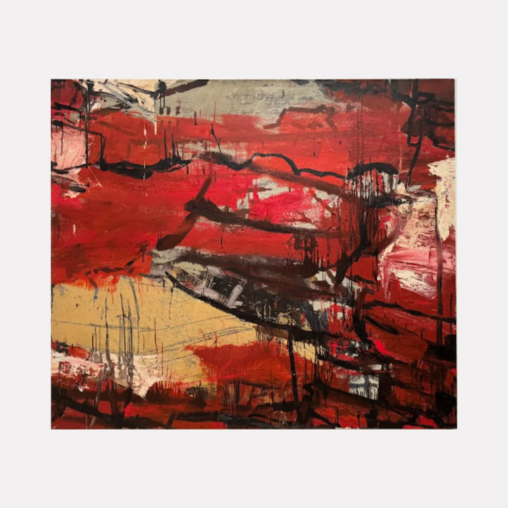 Influx by Christopher Blyth is a Curina art piece featuring bold red and earthy tones with dynamic black linear accents, layered textures, and abstract brushstrokes that create a powerful, energetic composition evoking raw emotion and movement in a contemporary style.