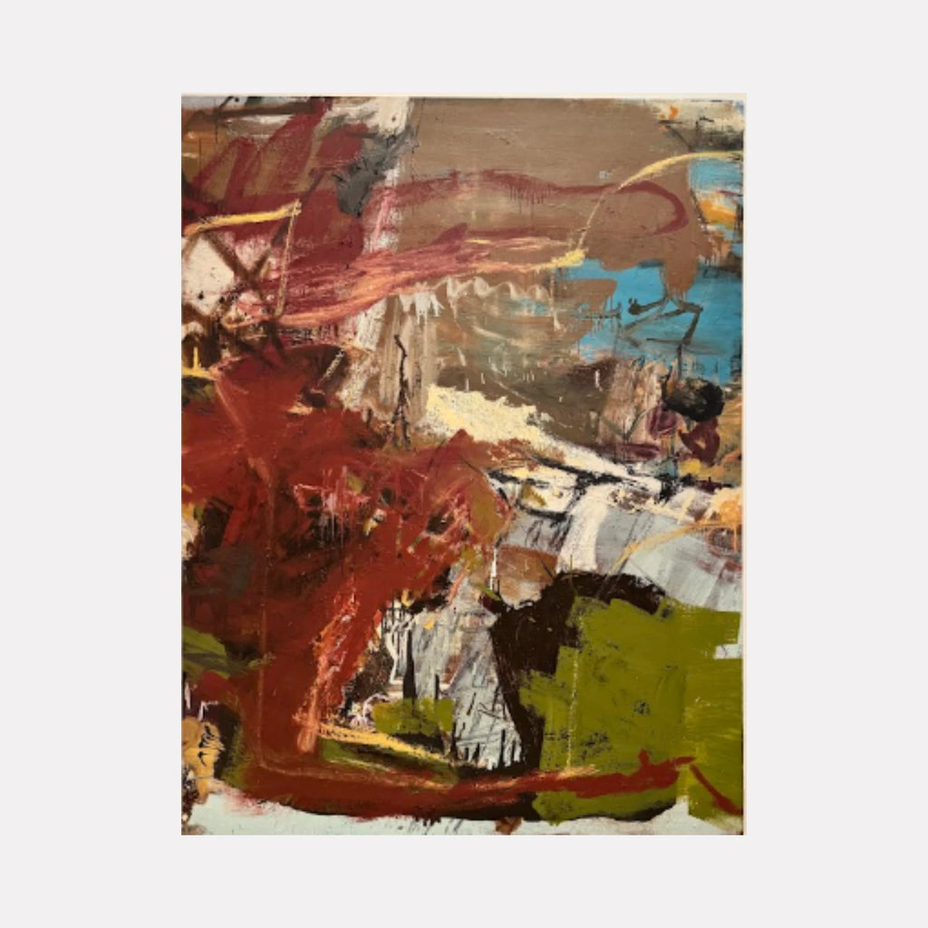 Intonation by Christopher Blyth is a Curina art piece featuring layered abstract forms with bold swaths of earthy reds, muted browns, olive greens, and touches of blue, creating a textured, dynamic composition that evokes natural landscapes through expressive, atmospheric brushwork.