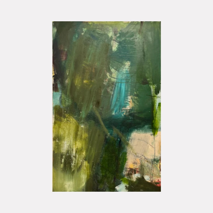 Untitled by Christopher Blyth is a Curina art piece featuring layered brushstrokes in deep greens, muted yellows, and hints of blue, creating an abstract composition that evokes a sense of depth and natural light through textured, atmospheric painting.