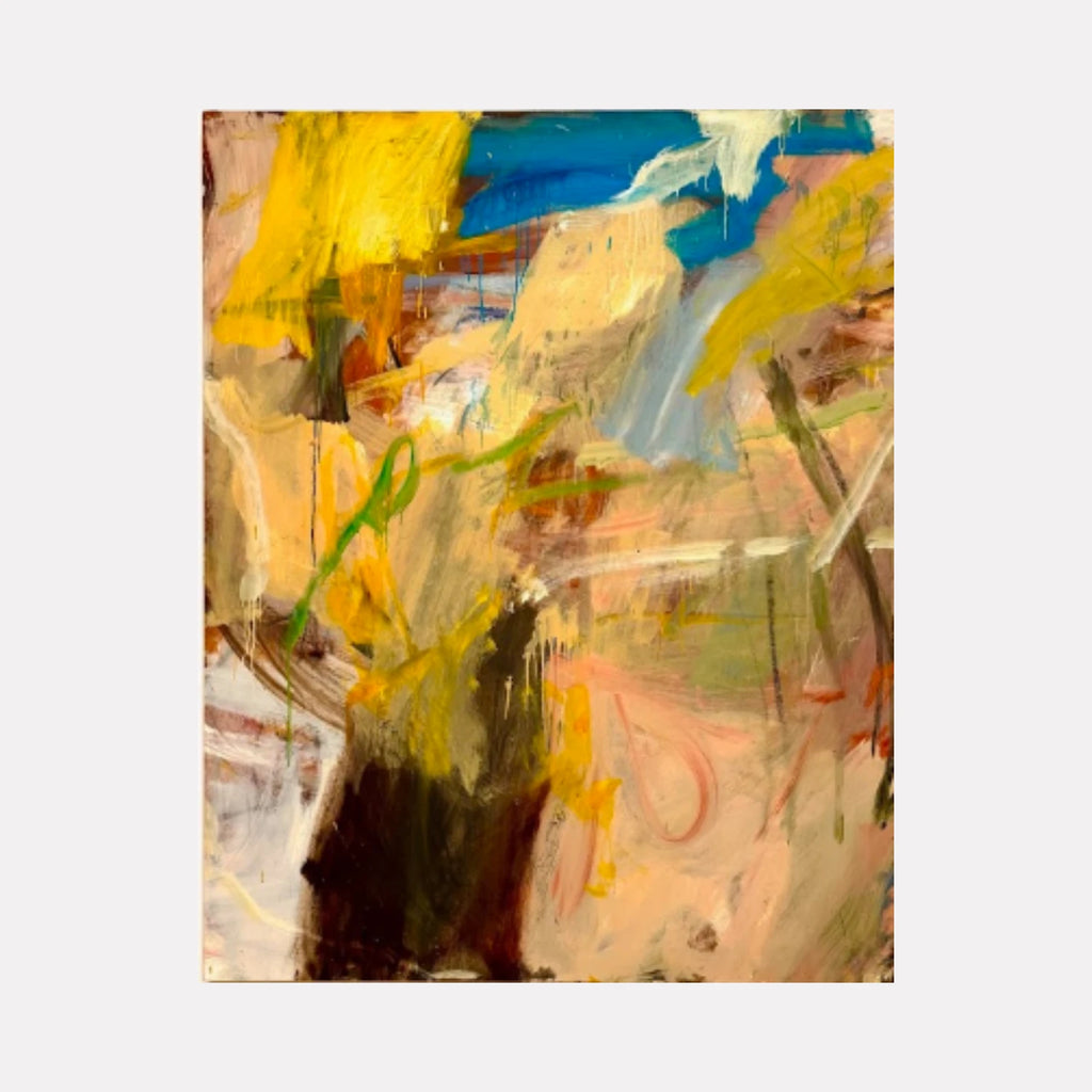 Search Light, Nazca by Christopher Blyth is a Curina art piece featuring bold yellow, blue, and earth tones with expressive brushstrokes and layered textures, creating an abstract composition that suggests light and movement with an organic, dynamic energy.