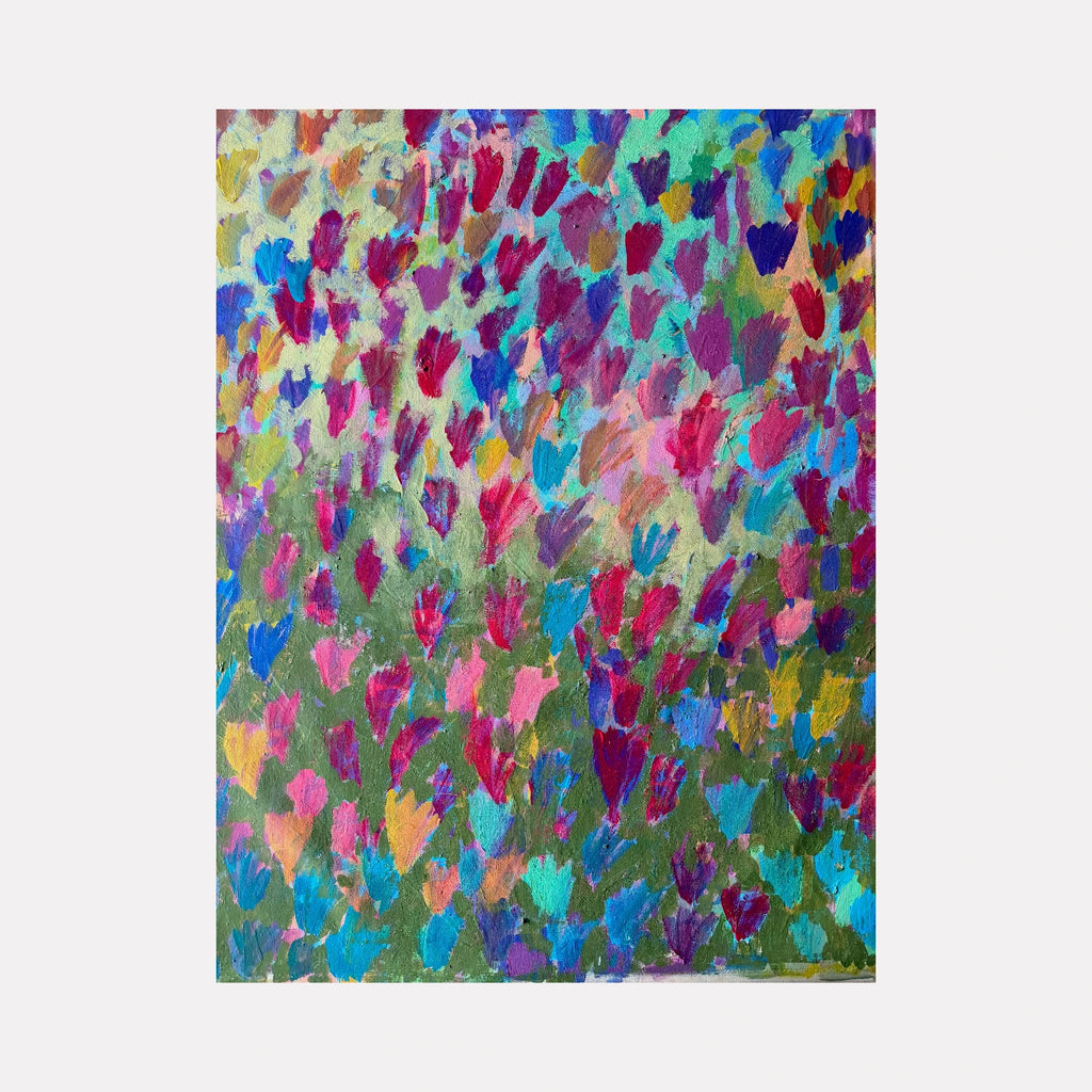 Signals Beneath The Bloom by Tiff Urquhart is a Curina art piece showcasing an abstract garden of vibrant, layered brushstrokes in various shades of pink, blue, purple, and green, evoking a lively, blooming natural scene rich with texture and color.