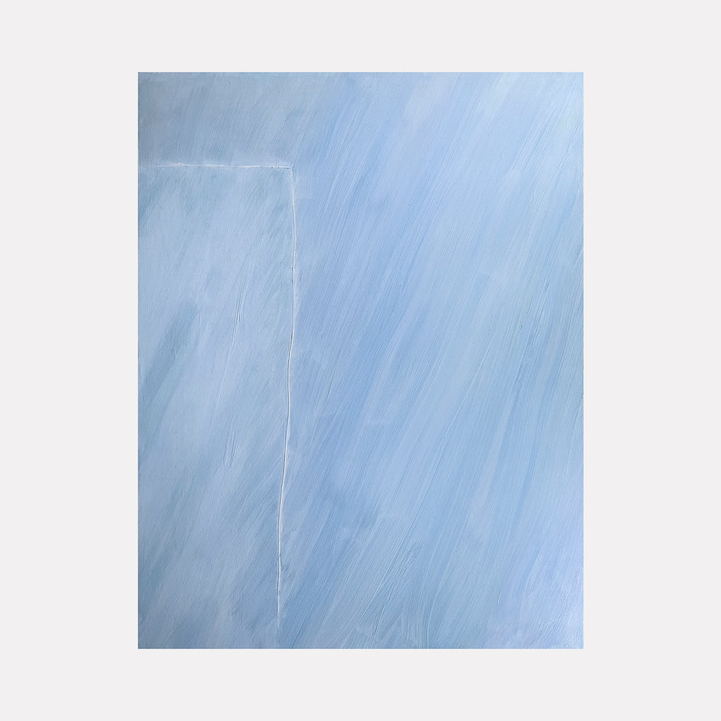 Sky Blue Place by Francie Lyshak is a Curina art piece featuring soft, layered blue tones with subtle diagonal brushstrokes and faint geometric outlines, creating a calm, minimalist abstract composition that evokes tranquility and spaciousness.