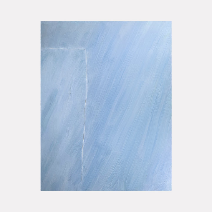Sky Blue Place by Francie Lyshak is a Curina art piece featuring soft, layered blue tones with subtle diagonal brushstrokes and faint geometric outlines, creating a calm, minimalist abstract composition that evokes tranquility and spaciousness.