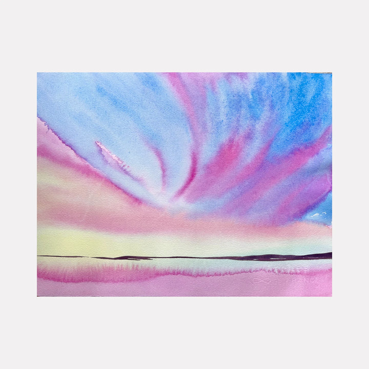 Sky by Melanie Kozol is a Curina art piece featuring a delicate watercolor landscape with sweeping pink and blue clouds above a soft yellow horizon and dark silhouetted land, evoking a serene and dreamlike atmosphere in a fluid, abstract style.
