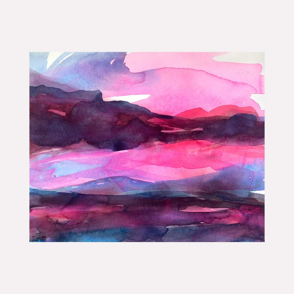 So Far Away by Melanie Kozol is a Curina art piece showcasing an abstract landscape with layered washes of deep purples, vibrant pinks, and soft blues, evoking a dreamy, distant horizon filled with atmospheric depth and serene emotion.