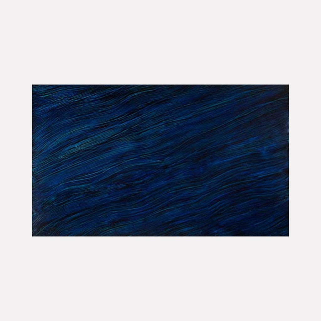 Streaming Milori Blue by Francie Lyshak is a Curina art piece featuring layered, flowing strokes in deep blue shades, evoking a tranquil aquatic movement with subtle texture and rhythm that invites quiet reflection and a serene visual experience.