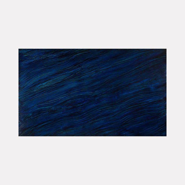Streaming Milori Blue by Francie Lyshak is a Curina art piece featuring layered, flowing strokes in deep blue shades, evoking a tranquil aquatic movement with subtle texture and rhythm that invites quiet reflection and a serene visual experience.