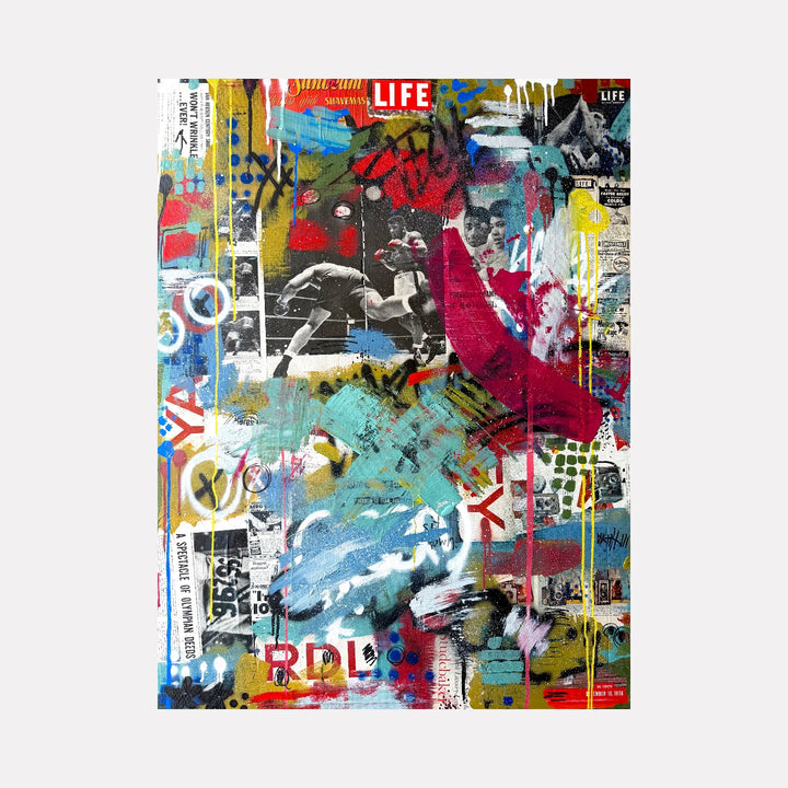 Sunbeam Shiner by Tiff Urquhart is a Curina art piece blending vibrant graffiti-style brushstrokes with vintage black-and-white photographs and magazine clippings, creating a dynamic layered collage full of color, texture, and energetic urban expression.