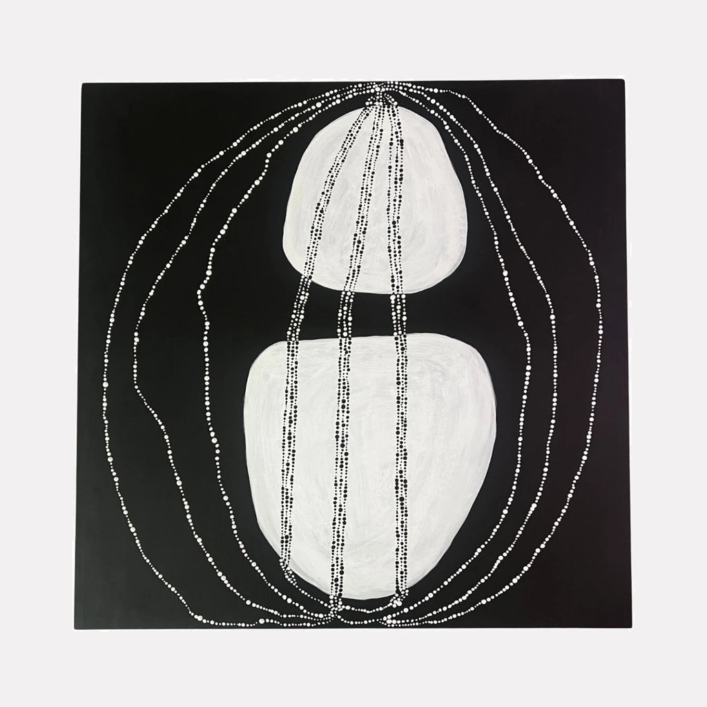 Neural Network by Sunny Chapman is a Curina art piece featuring two large, rounded white forms connected by vertical lines of small white dots, surrounded by curved dotted lines on a deep black background, creating a minimalist abstract composition with a sense of flow and connection.