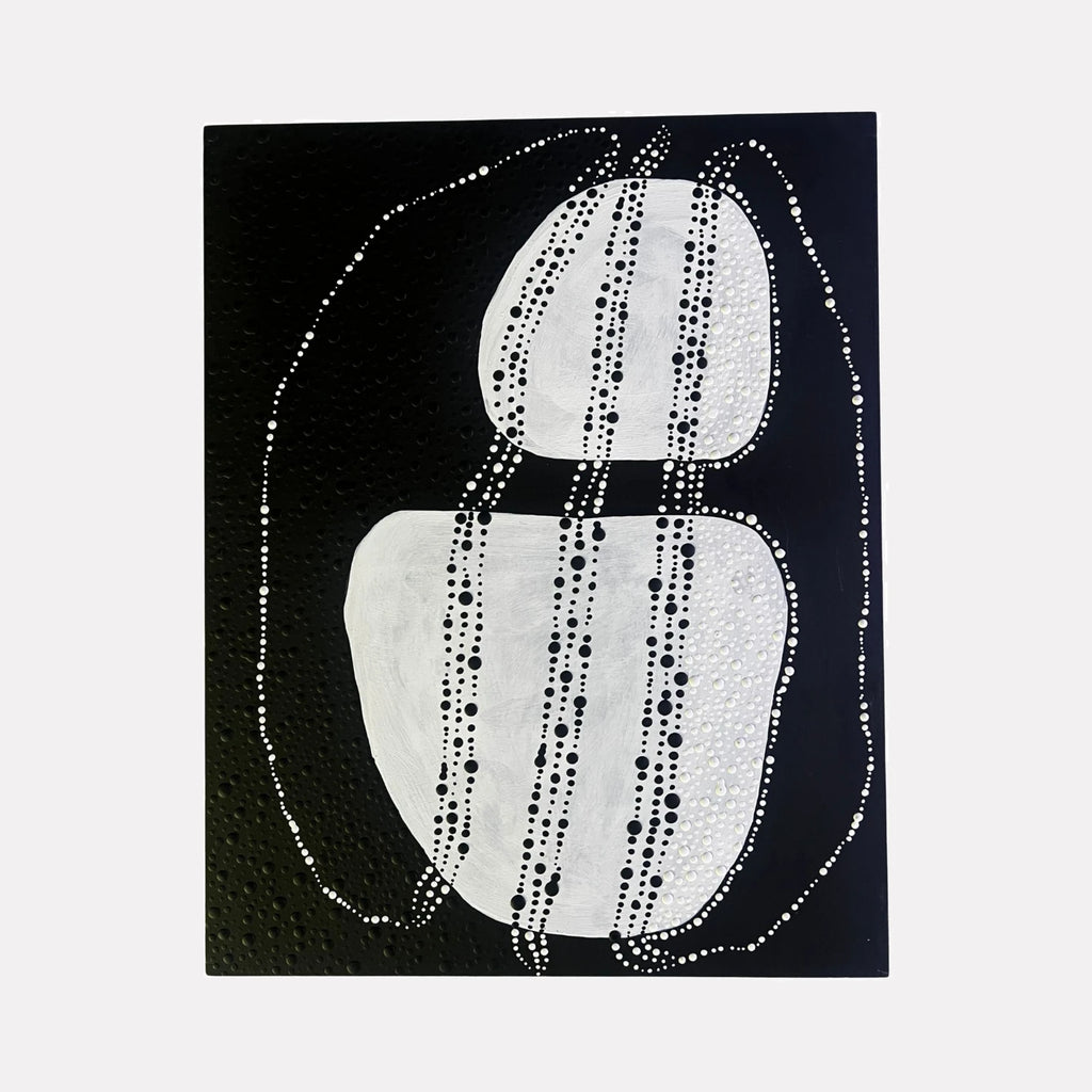 Auricular by Sunny Chapman is a Curina art piece featuring organic white shapes against a black background, accented with vertical dotted lines and flowing dotted contours, creating a minimalist, textured abstract design with a balanced interplay of form and negative space.