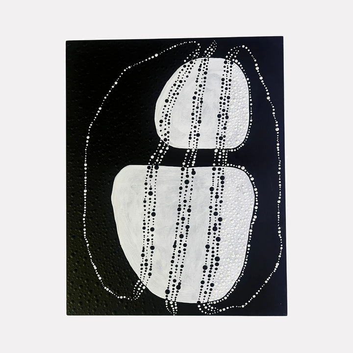 Auricular by Sunny Chapman is a Curina art piece featuring organic white shapes against a black background, accented with vertical dotted lines and flowing dotted contours, creating a minimalist, textured abstract design with a balanced interplay of form and negative space.