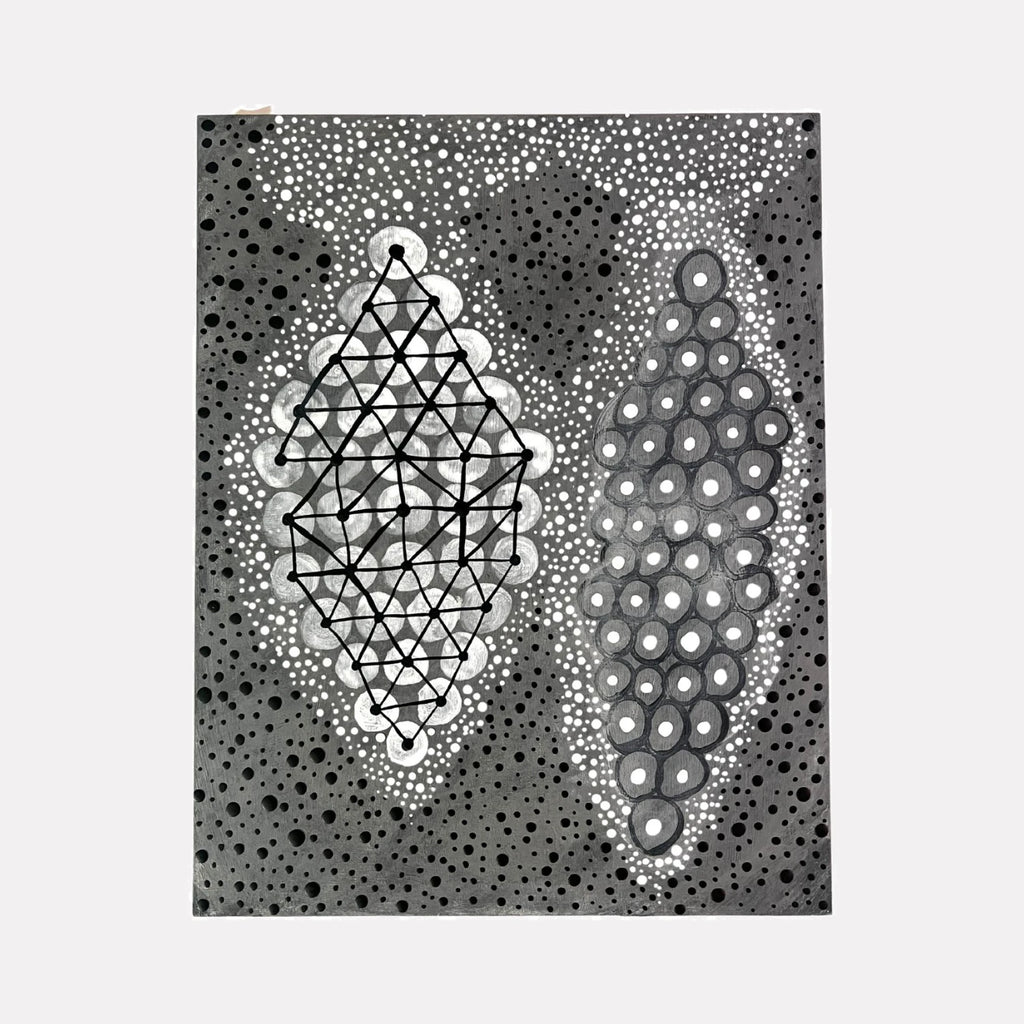 Brainwave 3 by Sunny Chapman is a Curina art piece featuring two vertical clusters of geometric and circular patterns in varying shades of gray and black, contrasted with white highlights and intricate dot work, evoking a rhythmic and meditative abstract composition.