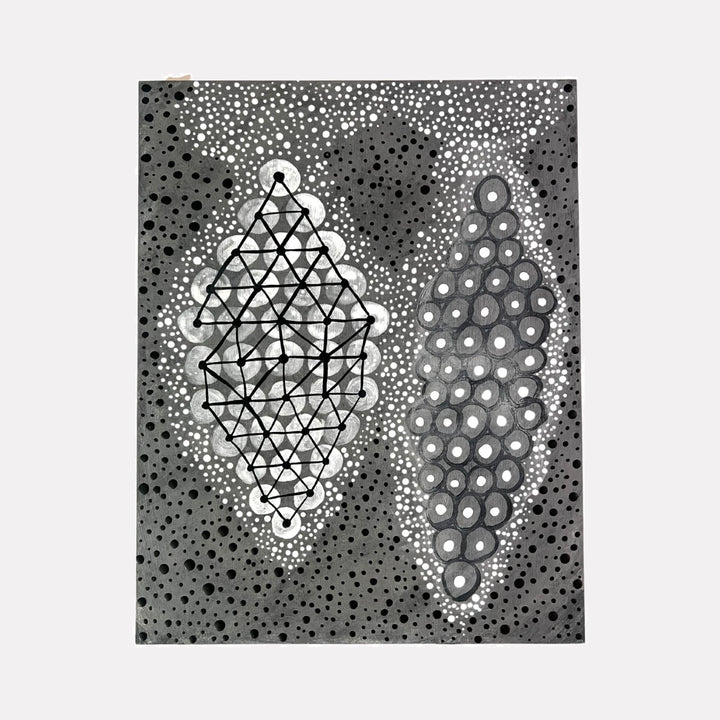 Brainwave 3 by Sunny Chapman is a Curina art piece featuring two vertical clusters of geometric and circular patterns in varying shades of gray and black, contrasted with white highlights and intricate dot work, evoking a rhythmic and meditative abstract composition.