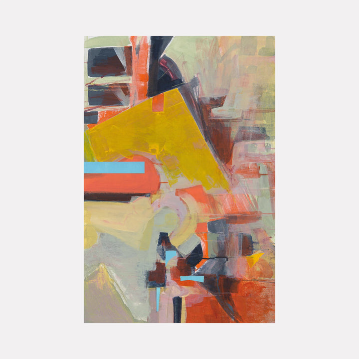 The Shift by Veronica Lawlor is a Curina art piece featuring a layered abstract design with bold yellow, soft pink, muted green, and touches of blue and black, conveying a dynamic interplay of shapes and textures with a modern, contemplative energy.