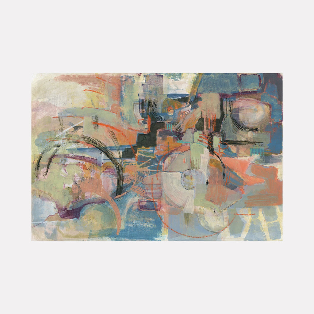 The Process by Veronica Lawlor is a Curina art piece featuring layered abstract shapes in soft blues, oranges, and muted greens, with overlapping lines and textured brushstrokes that create a harmonious, dynamic composition evoking fluidity and transformation.