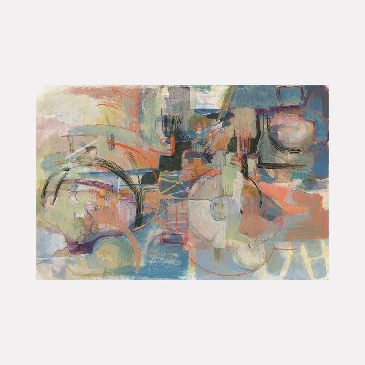 The Process by Veronica Lawlor is a Curina art piece featuring layered abstract shapes in soft blues, oranges, and muted greens, with overlapping lines and textured brushstrokes that create a harmonious, dynamic composition evoking fluidity and transformation.
