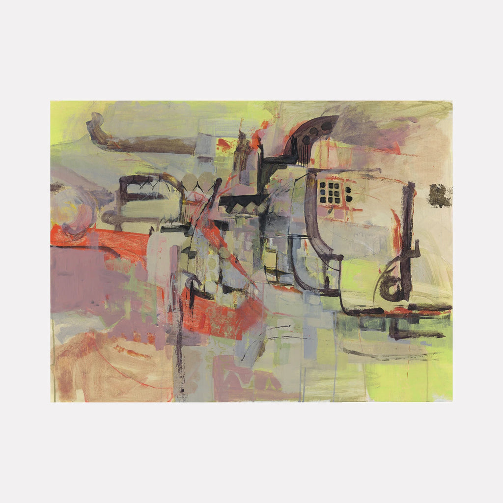 The Site by Veronica Lawlor is a Curina art piece featuring an abstract urban-inspired composition with muted greens, soft reds, and grays, layered with expressive brushstrokes and architectural forms that evoke a contemplative atmosphere through dynamic shapes and subtle textures.